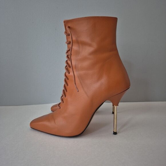 L' Intervalle Chestnut Brown Leather Gold Stiletto Lace Up Boots Womens 6 - Picture 3 of 7